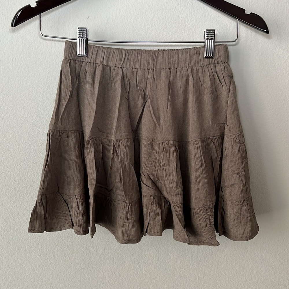 RAGA Anthropologie Tiered Crinkle Fabric Mini Skirt in Olive Brown NWT!